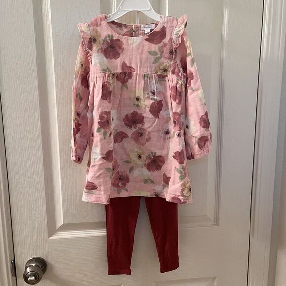 Angel Dear Bordeaux Floral Cotton Dress & Bamboo Legging Set Girls Size 3T NWT - Picture 1 of 16